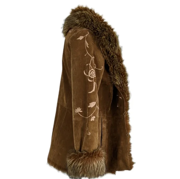 ✌️Penny Lane Brown Faux Fur Trimmed Women's Suede Leather Jacket 🎸 - Picture 4 of 15